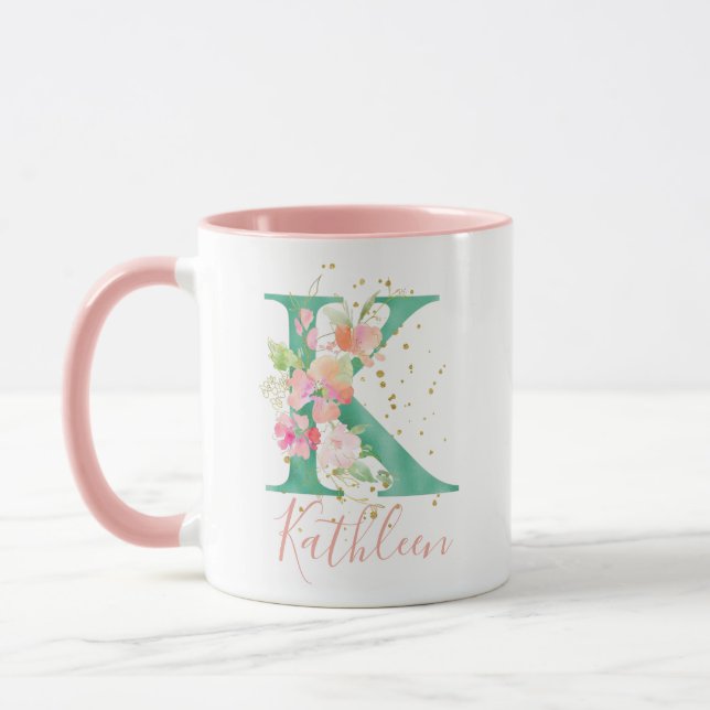 Mug Aquarelle rose turquoise or Monogramme floral K (Gauche)