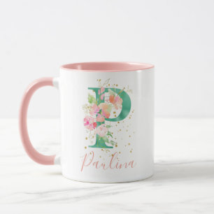 Mug Aquarelle rose turquoise or Monogramme floral P