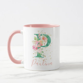Mug Aquarelle rose turquoise or Monogramme floral P