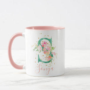 Mug Aquarelle rose turquoise or Monogramme floral S