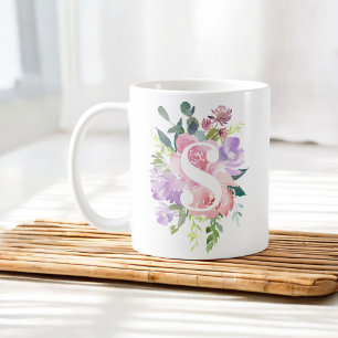 Mug Aquarelle rose violet Fleurs Élégante Monogramme