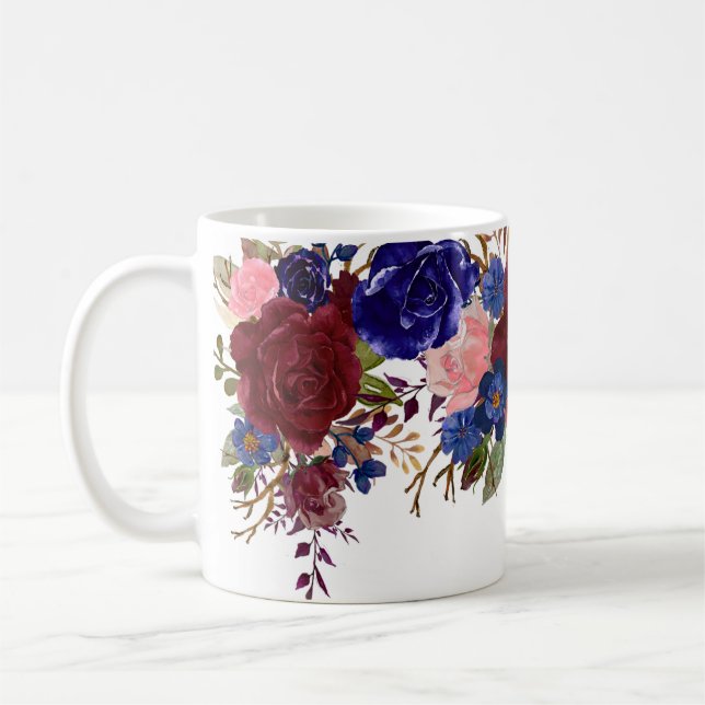 Mug Aquarelle Roses Fleur Navy Bourgogne Joli (Gauche)