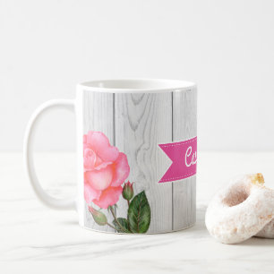 Mug Aquarelle Roses roses sur Planche de bois gris rus