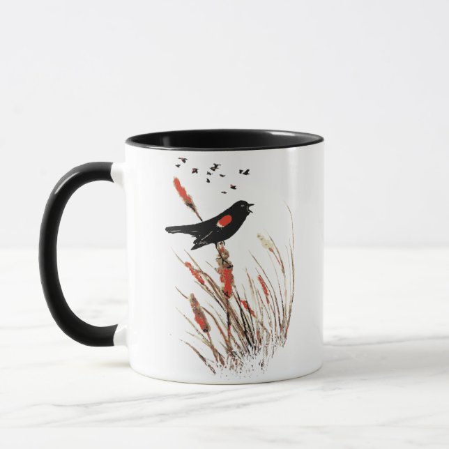Mug Aquarelle Rouge aile Oiseau noir Oiseau Oiseau ani (Gauche)