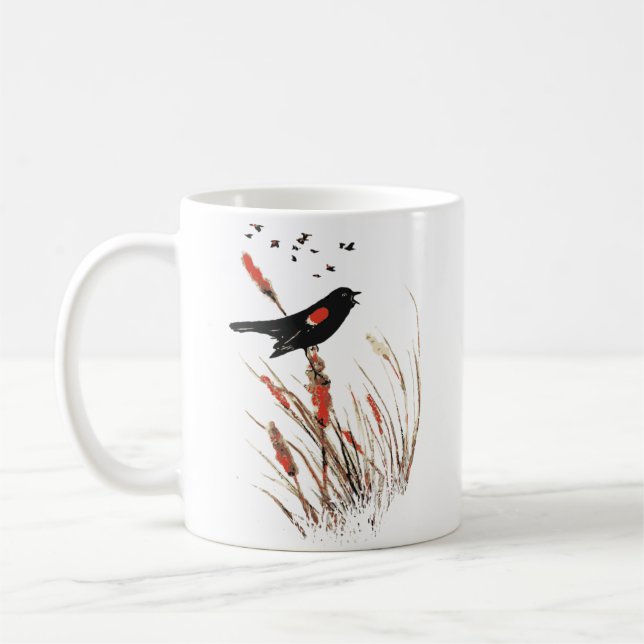 Mug Aquarelle Rouge aile Oiseau noir Oiseau Oiseau ani (Gauche)