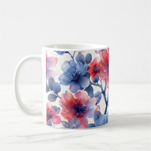Mug Aquarelle rouge, fleurs bleues sur le blanc