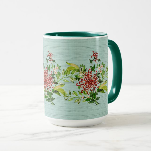 Mug Aquarelle Rouge Gerbera Daisy avec verdure (Devant droit)