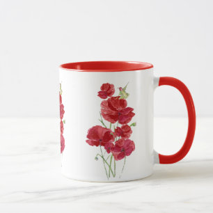 Mug Aquarelle Rouge Poppies Fleurs Oiseau de colibri