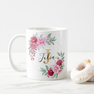 Mug Aquarelle rouge rose or Floral Monogramme J