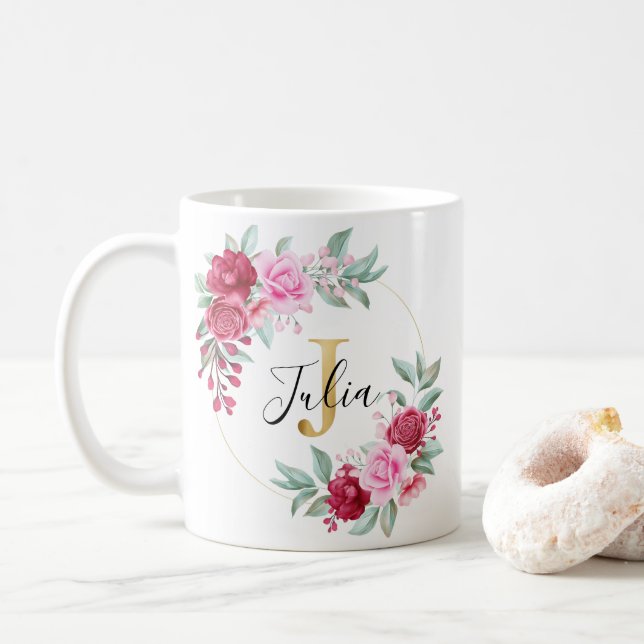 Mug Aquarelle rouge rose or Floral Monogramme J (Avec donut)