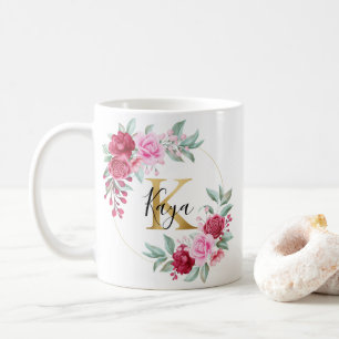 Mug Aquarelle rouge rose or Monogramme floral K