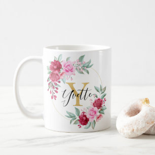 Mug Aquarelle rouge rose or Monogramme floral Y