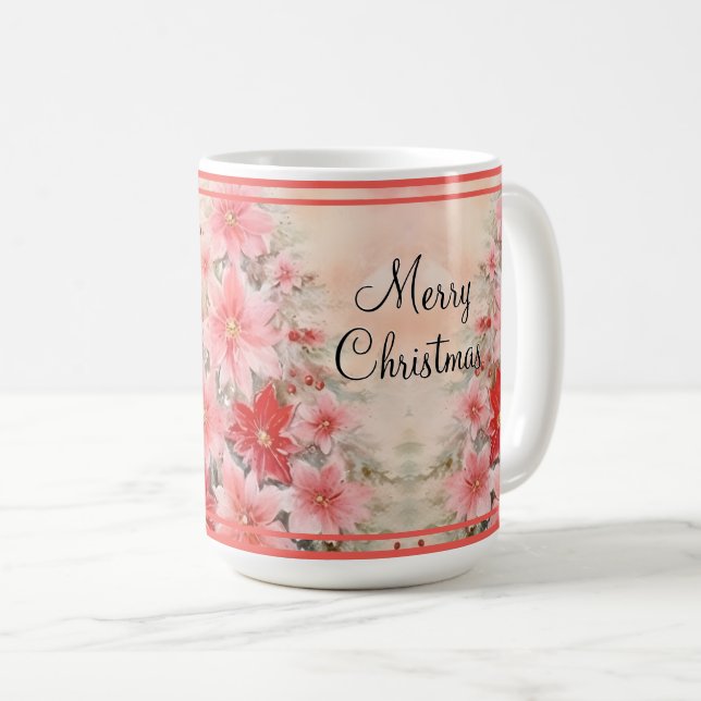 Mug Aquarelle rouge vintage Poinsettia Arbre de Noël (Devant droit)
