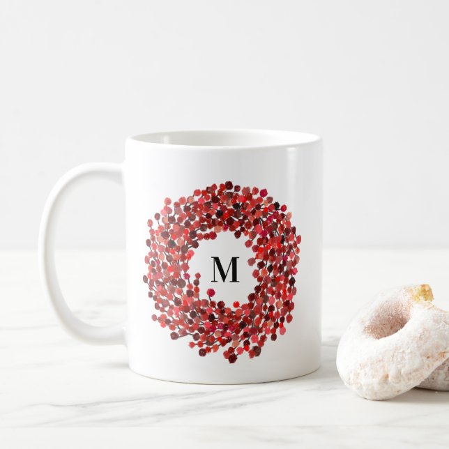 Mug Aquarelle Rouge Winterberry Wreath Monogramme (Avec donut)