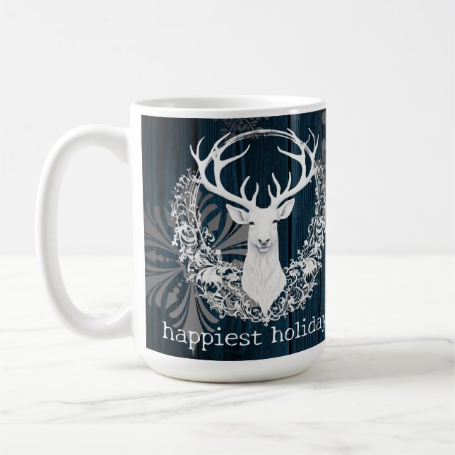 Mug Aquarelle rustique renne blanc | Bleu (Gauche)