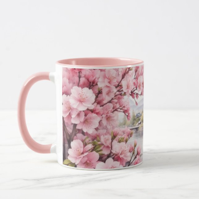 Mug Aquarelle Sakura Cherry Blossom et Mountain View (Gauche)