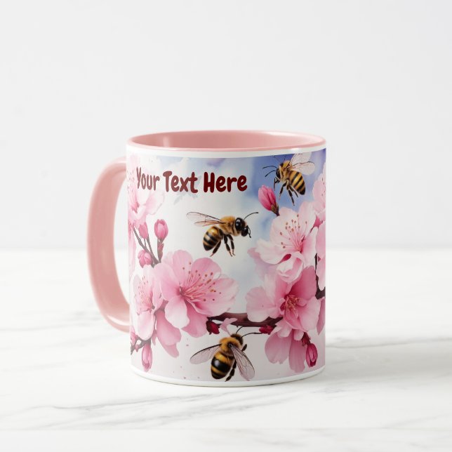 Mug Aquarelle Sakura Fleur de cerise avec les abeilles (Devant gauche)