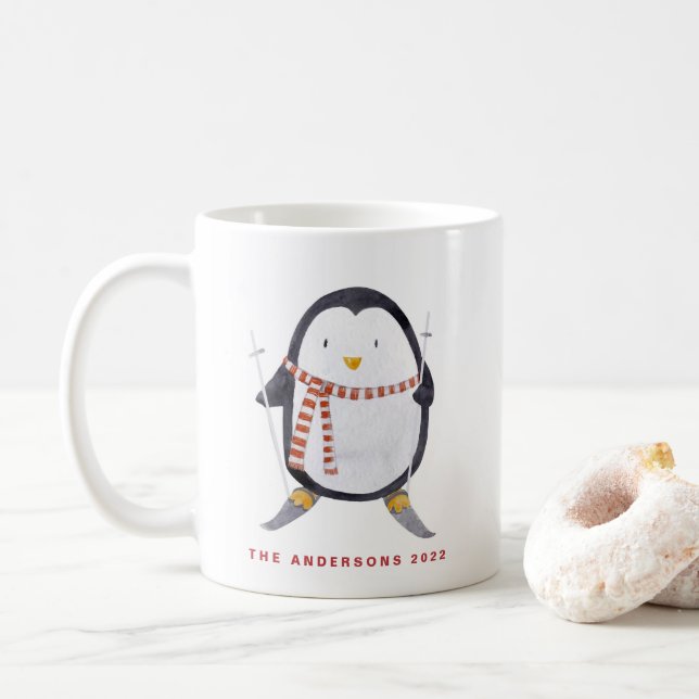 Mug Aquarelle Ski Penguin Vacances personnalisées (Avec donut)