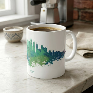 Mug Aquarelle Skyline de Chicago en bleu et vert