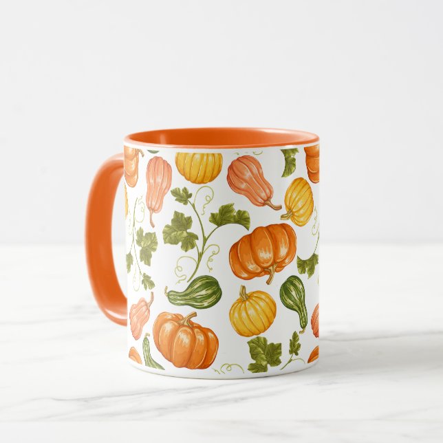 Mug Aquarelle Squash, Citrouille et Motif Feuille (Devant gauche)