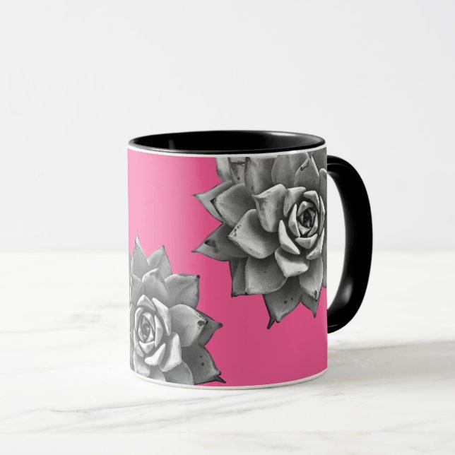 Mug Aquarelle Succulente Gris sur rose chaud (Devant droit)