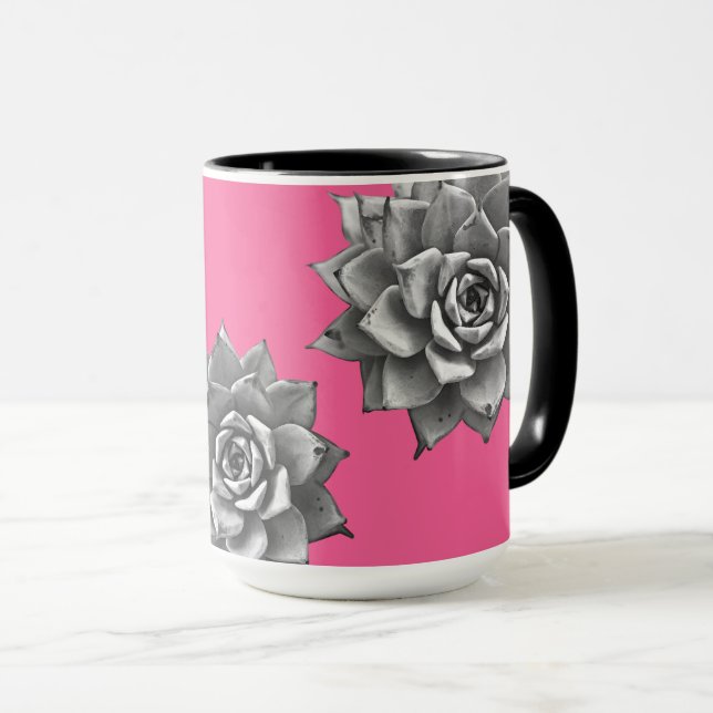 Mug Aquarelle Succulente Gris sur rose chaud (Devant droit)