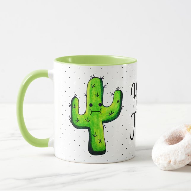Mug Aquarelle tendance Cactus et points noirs Hello Th (Avec donut)