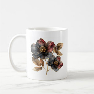 Mug Aquarelle tendance or noir et fleurs bordeaux