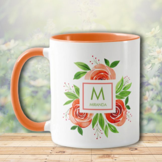 Mug Aquarelle tendance Vivre Corail Roses Monogramme (Créateur téléchargé)