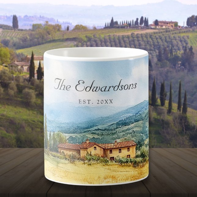 Mug Aquarelle Toscan Méditerranée Nom de famille (Watercolor Tuscan Mediterranean Family Name Coffee Mug)