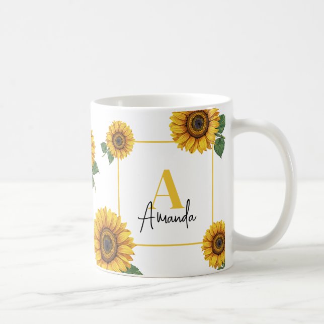 Mug Aquarelle Tournesol jaune Monogramme Maman (Droite)