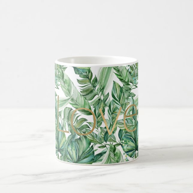 Mug Aquarelle tropicale Vert Feuille Gold Love (mince) (Centre)