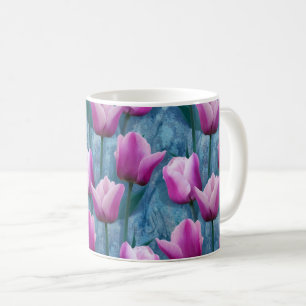Mug Aquarelle Tulipes roses et stuc bleu