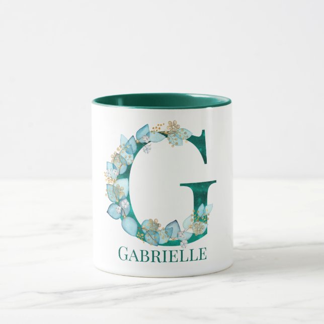Mug Aquarelle Turquoise et or Monogramme G (Centre)