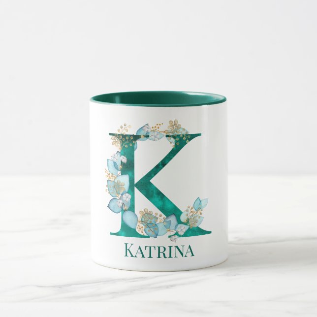 Mug Aquarelle Turquoise et or Monogramme Lettre K (Centre)