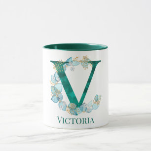 Mug Aquarelle Turquoise et or Monogramme V