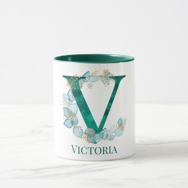 Mug Aquarelle Turquoise et or Monogramme V (Centre)