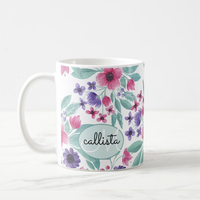 Mug Aquarelle Turquoise rose Fille Monogramme Floral (Gauche)