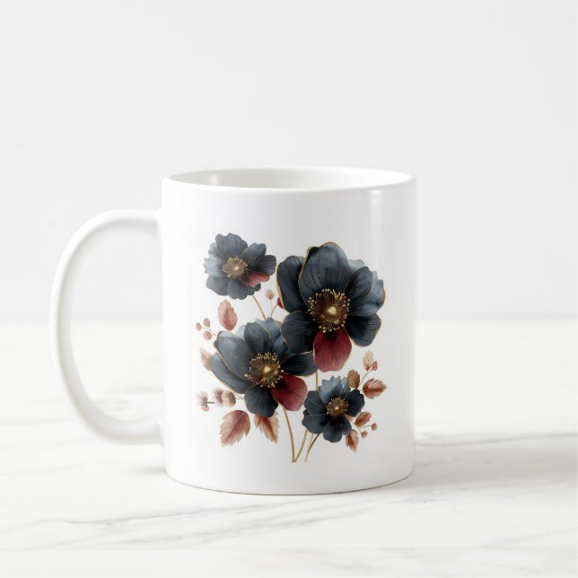 Mug Aquarelle unique or noir et fleurs bordeaux (Gauche)