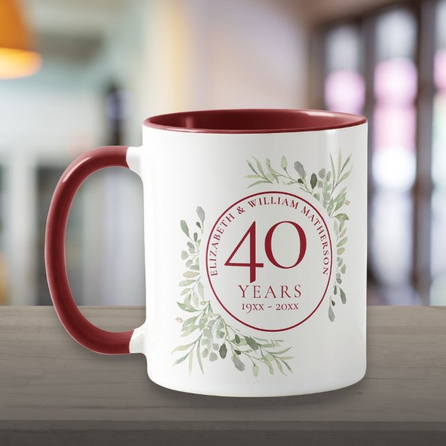 Mug Aquarelle Verdure Feuilles 40e anniversaire (Soft Watercolour Leaves 40th Anniversary Mug)