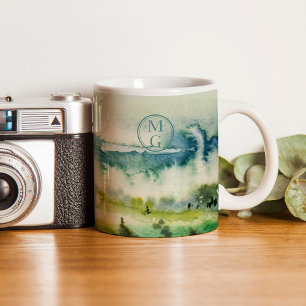 Mug Aquarelle verte Turquoise Monogramme