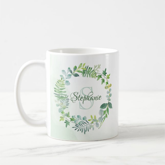 Mug Aquarelle verte Wreath Nom du monogramme (Gauche)