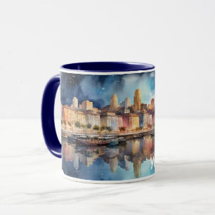 Mug Aquarelle Ville Vue nocturne avec lac, Bateau de p