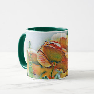 Mug Aquarelle vintage des fleurs de pavot vert orange
