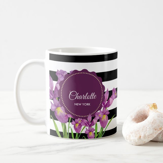Mug Aquarelle violet Iris noir blanc Motif (Avec donut)
