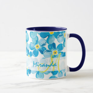 Mug Aquarelle vive bleu m'oublier pas fleurs nom