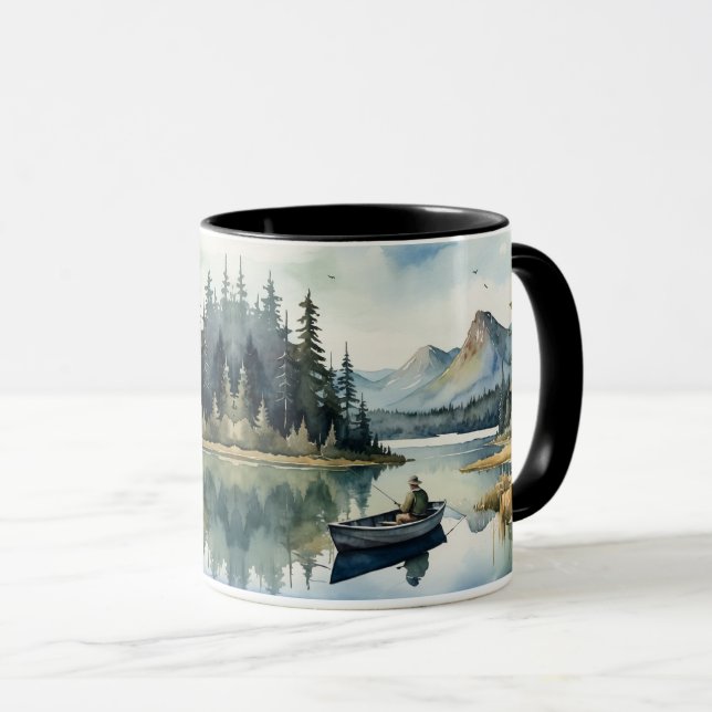 Mug Aquarelle Wilderness Fishing Lake in Boat (Devant droit)