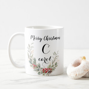Mug Aquarelle Wreath Monogramme et Script Noël