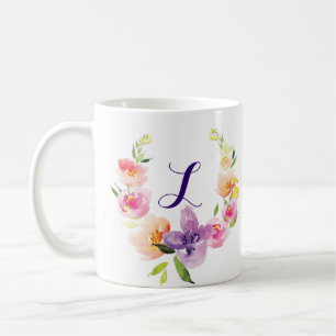 Mug Aquarelles colorées Monogrammes Fleurs Wreath