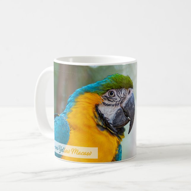 Mug Ara bleu et jaune Psaume 145:9 KJV (Devant gauche)